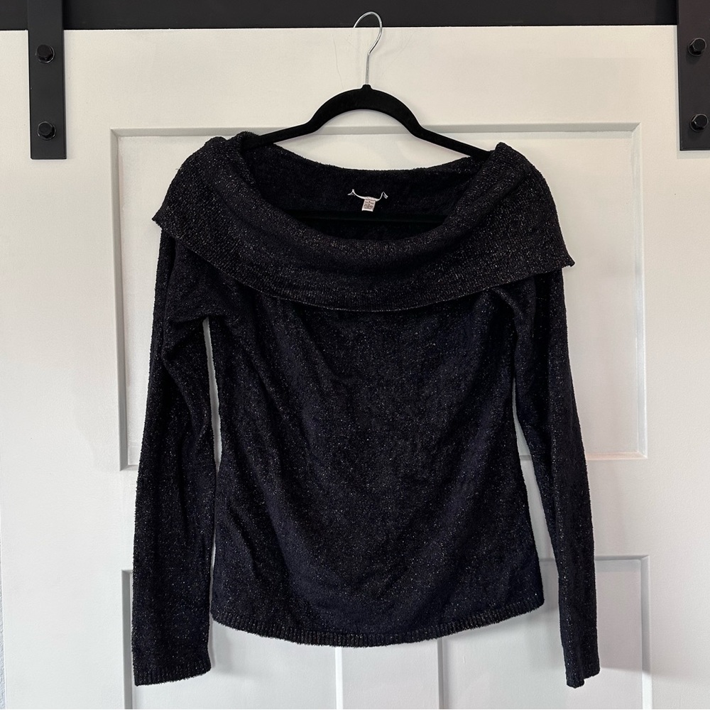 Cache black and gold metallic cowl neck sweater